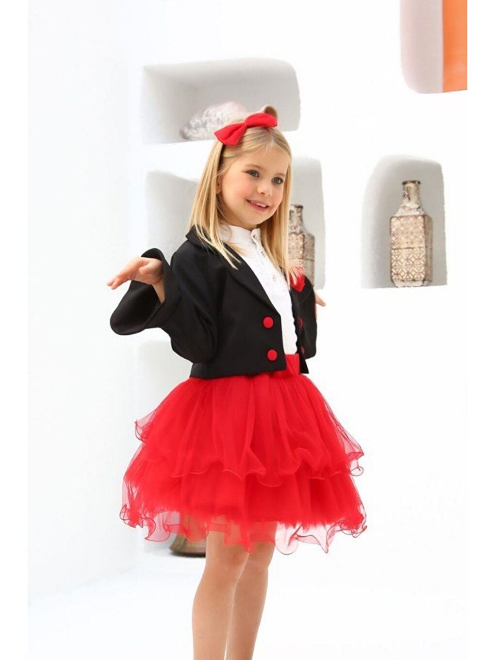 Kız Çocuk İspanyol Kollu Açık Yakalı Ceket Bant Yakalı Bluz Kırmızı Etekli Takım 3-12 Yaş-3