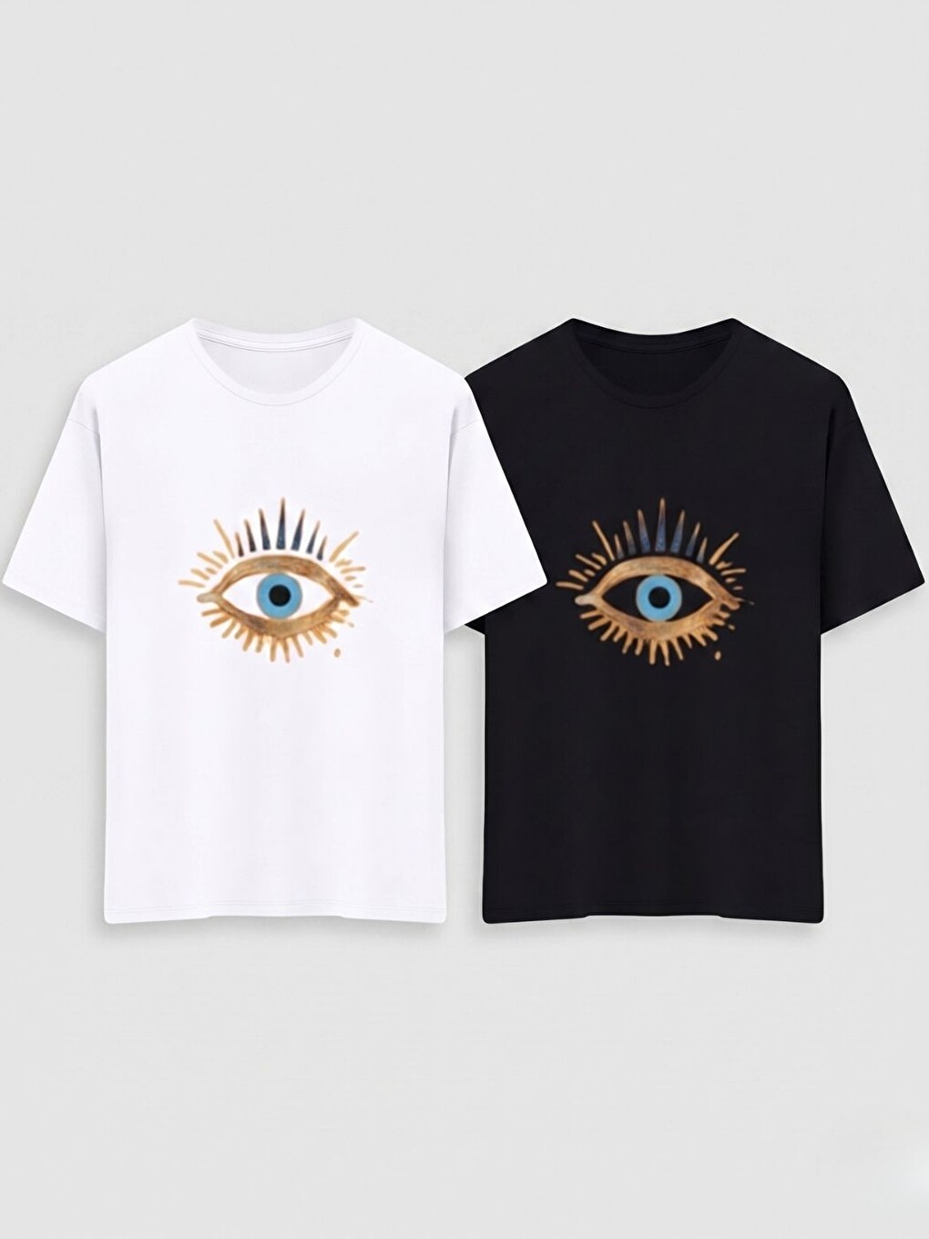 Siyah+Beyaz Eye Baskı Regular Fit Organik Pamuk Tişört 2Li