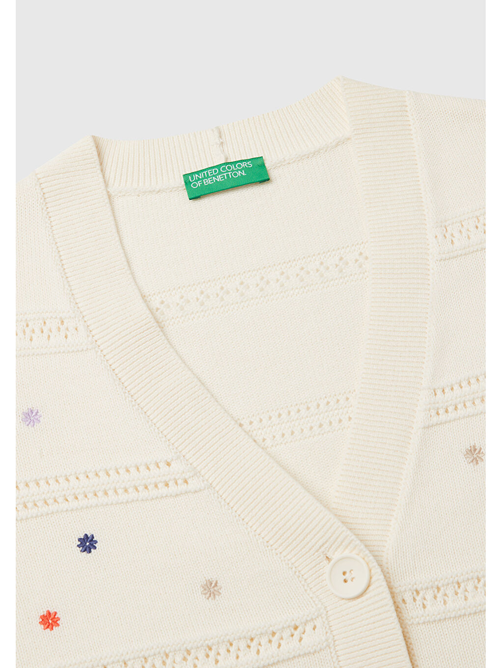 Ekru Kadın Krem %100 Pamuk Çiçek İşlemeli Nervür Detaylı Düşük Omuzlu Hırka-5