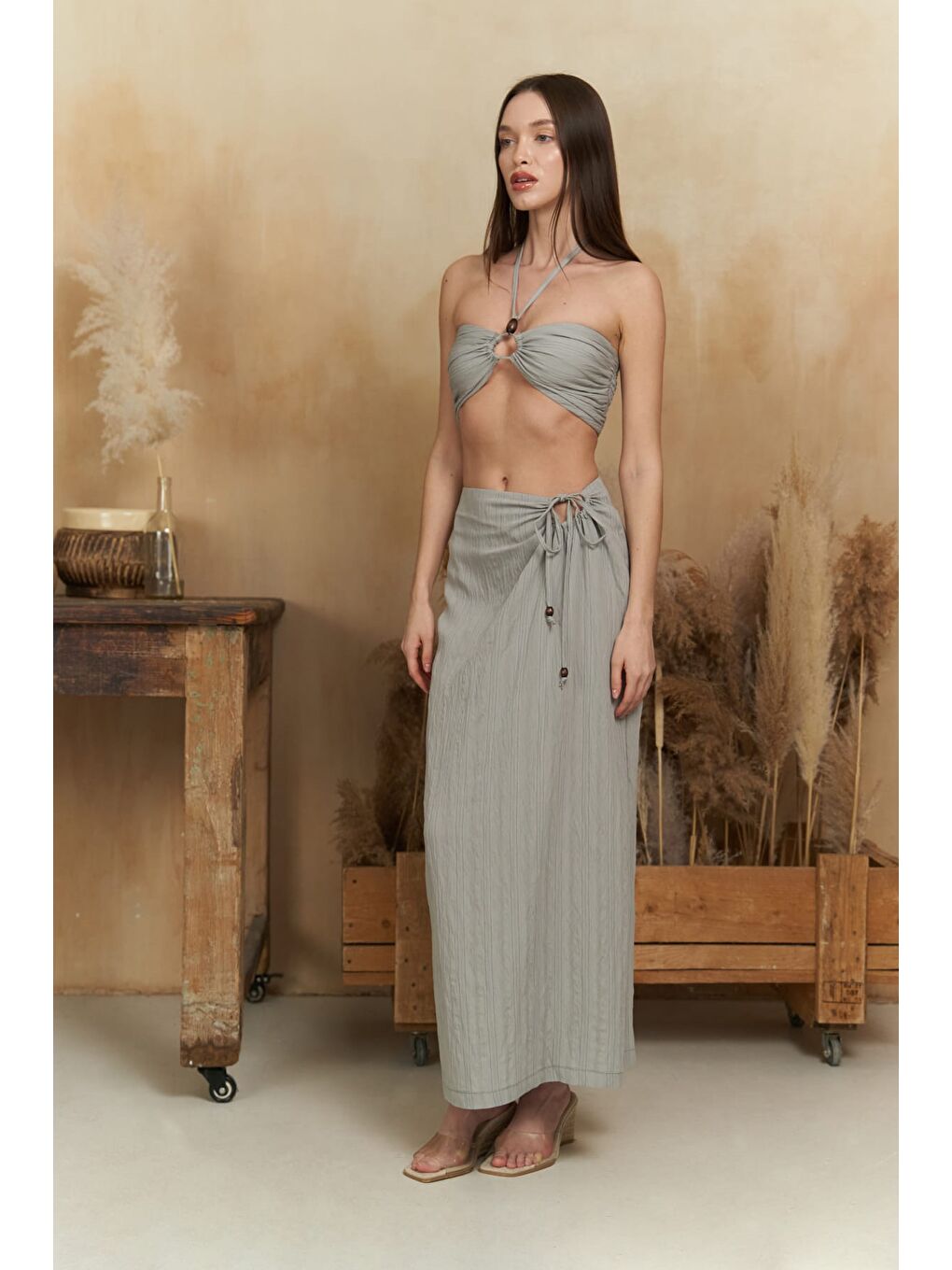 Lovina Çizgili Gri Crop Etek Takım-1