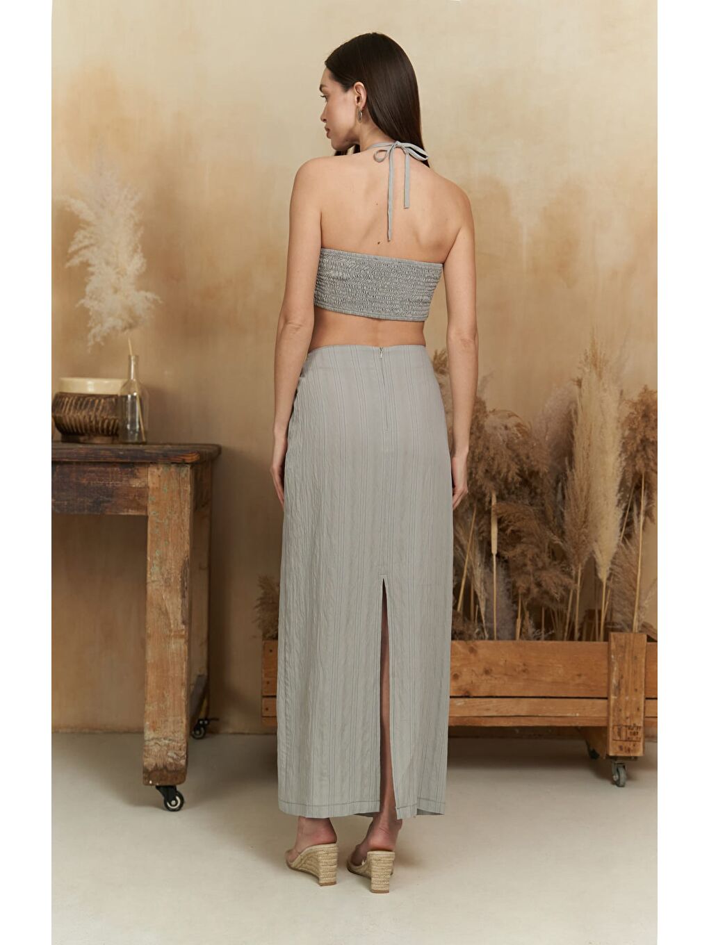 Lovina Çizgili Gri Crop Etek Takım-2