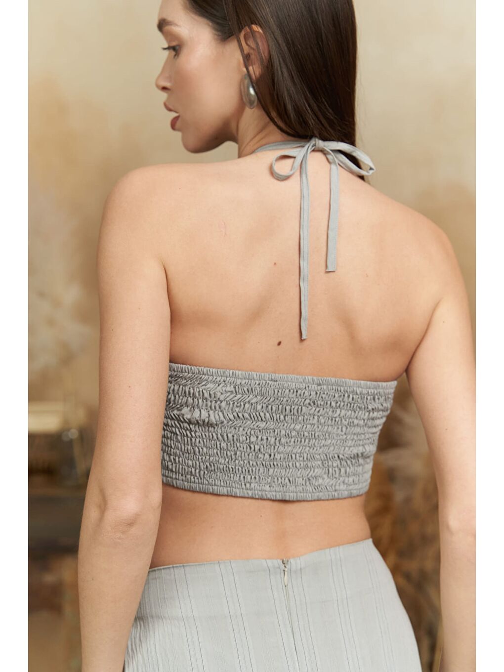 Lovina Çizgili Gri Crop Etek Takım-4