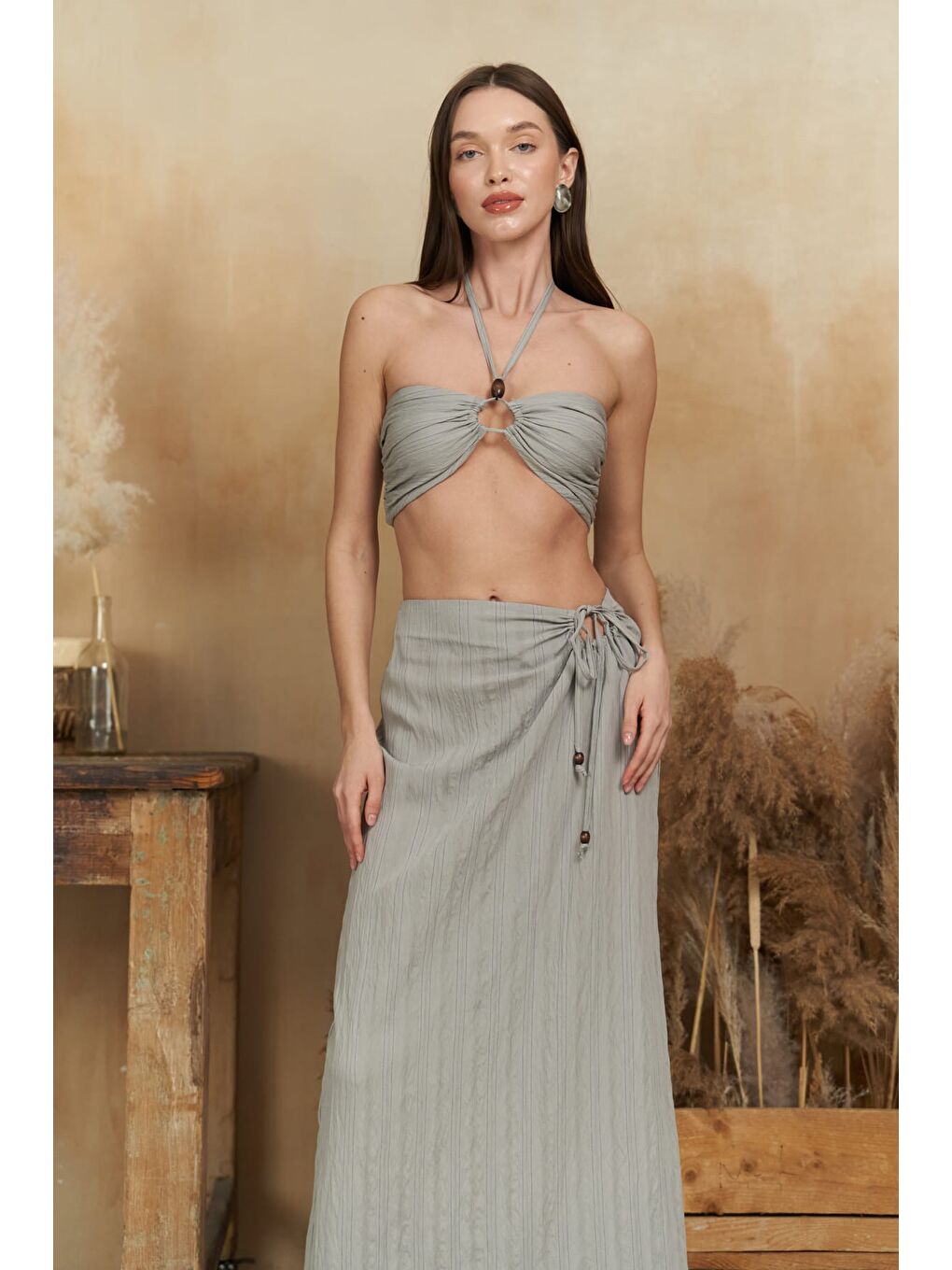 Lovina Çizgili Gri Crop Etek Takım-6