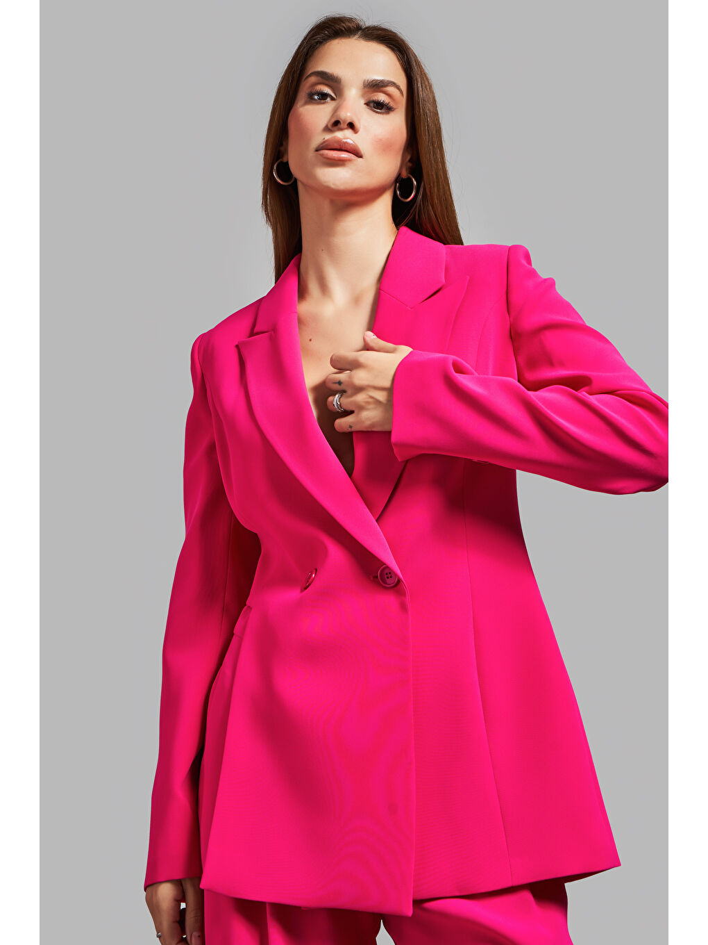 Kadın Fuşya Renk Yandan Yırtmaçlı İçi Astarlı Tasarım Blazer Ceket