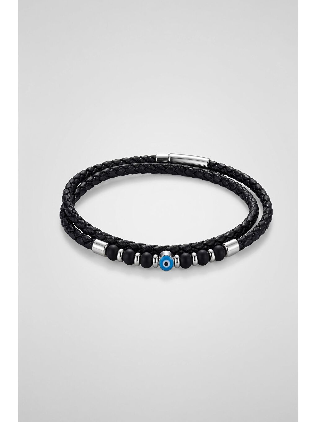 Unisex Nazar Boncuklu Örgü Deri Bileklik Siyah