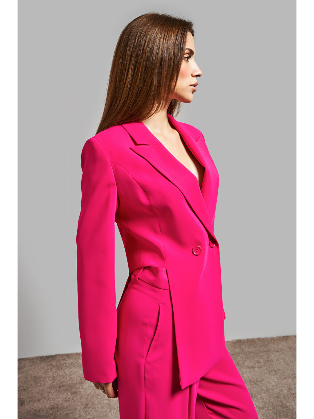 Kadın Fuşya Renk Yandan Yırtmaçlı İçi Astarlı Tasarım Blazer Ceket-5