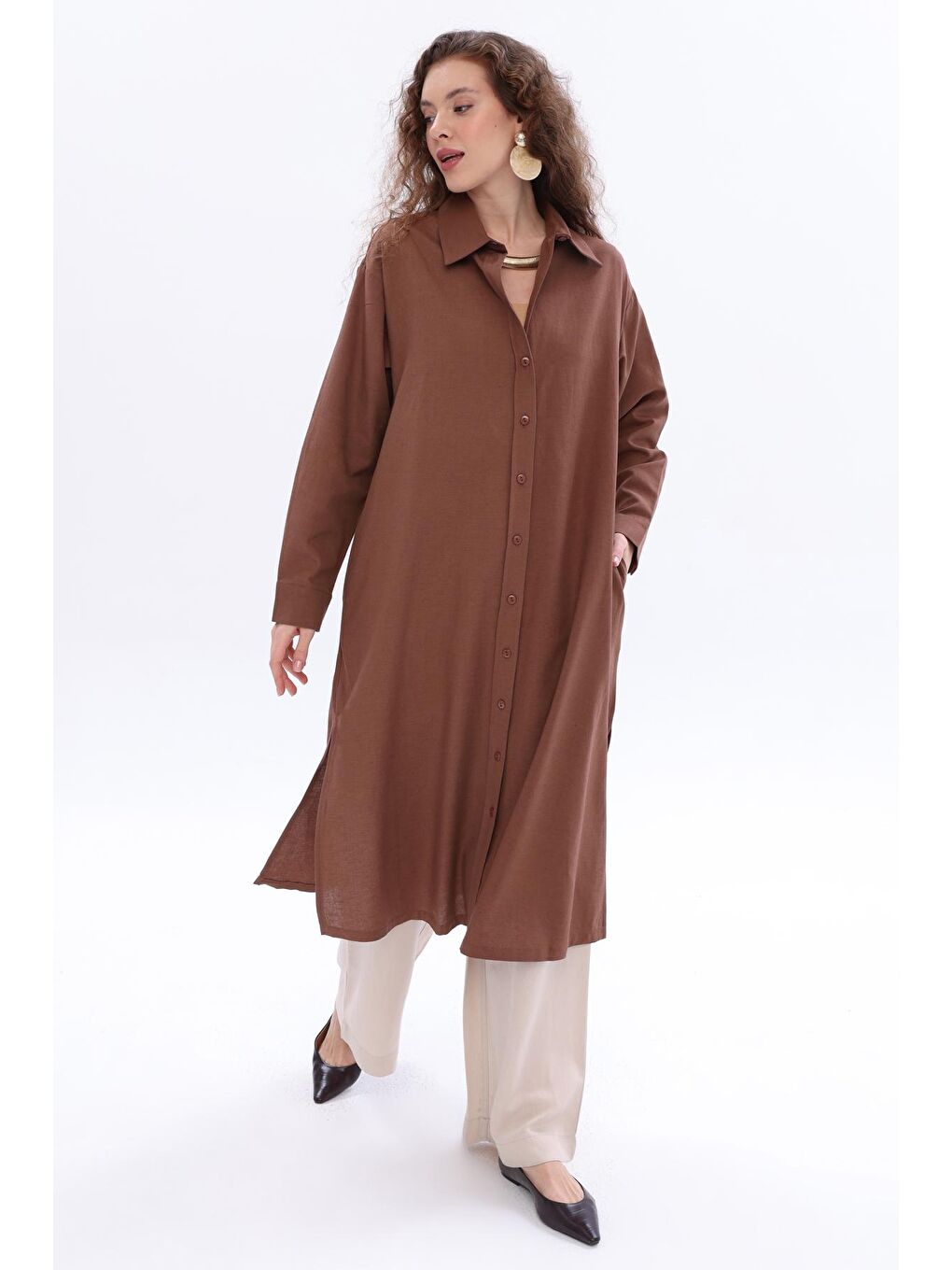 Kahverengi Kahve Yanları Yırtmaçlı Cepli Keten Gömlek Tunik