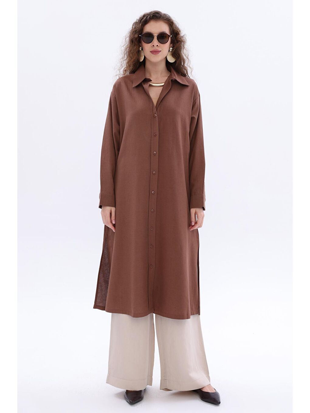 Kahverengi Kahve Yanları Yırtmaçlı Cepli Keten Gömlek Tunik-1