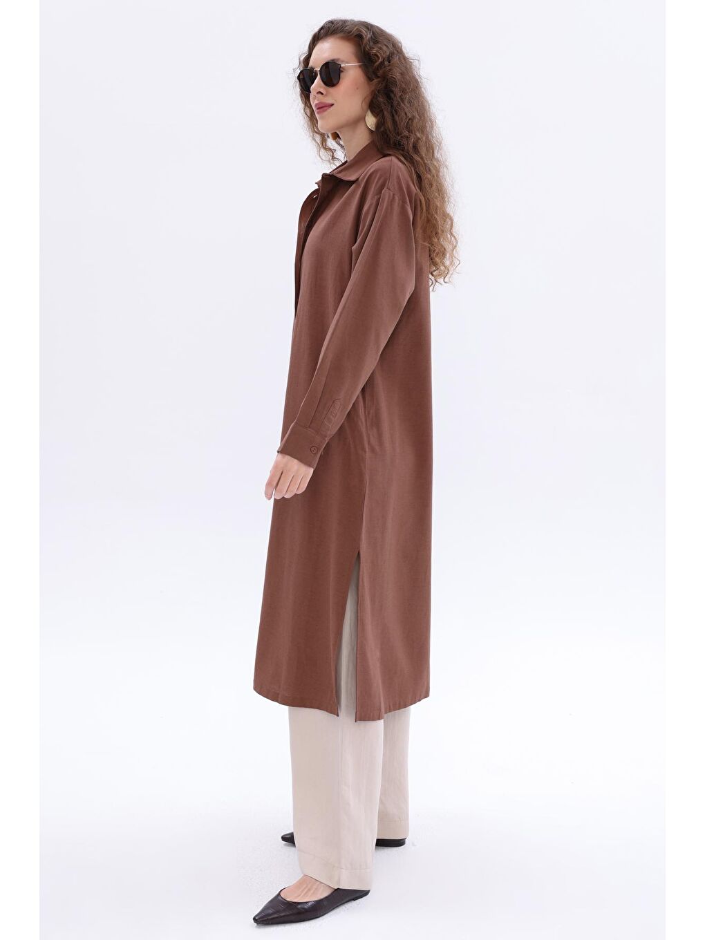 Kahverengi Kahve Yanları Yırtmaçlı Cepli Keten Gömlek Tunik-2