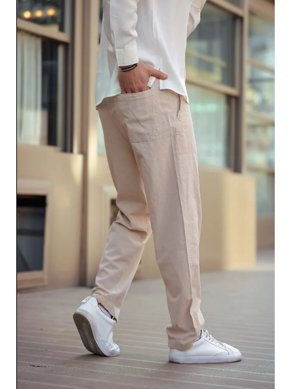 Bej Erkek Vizon Relaxed Fıt Pamuklu Keten Pantolon-1