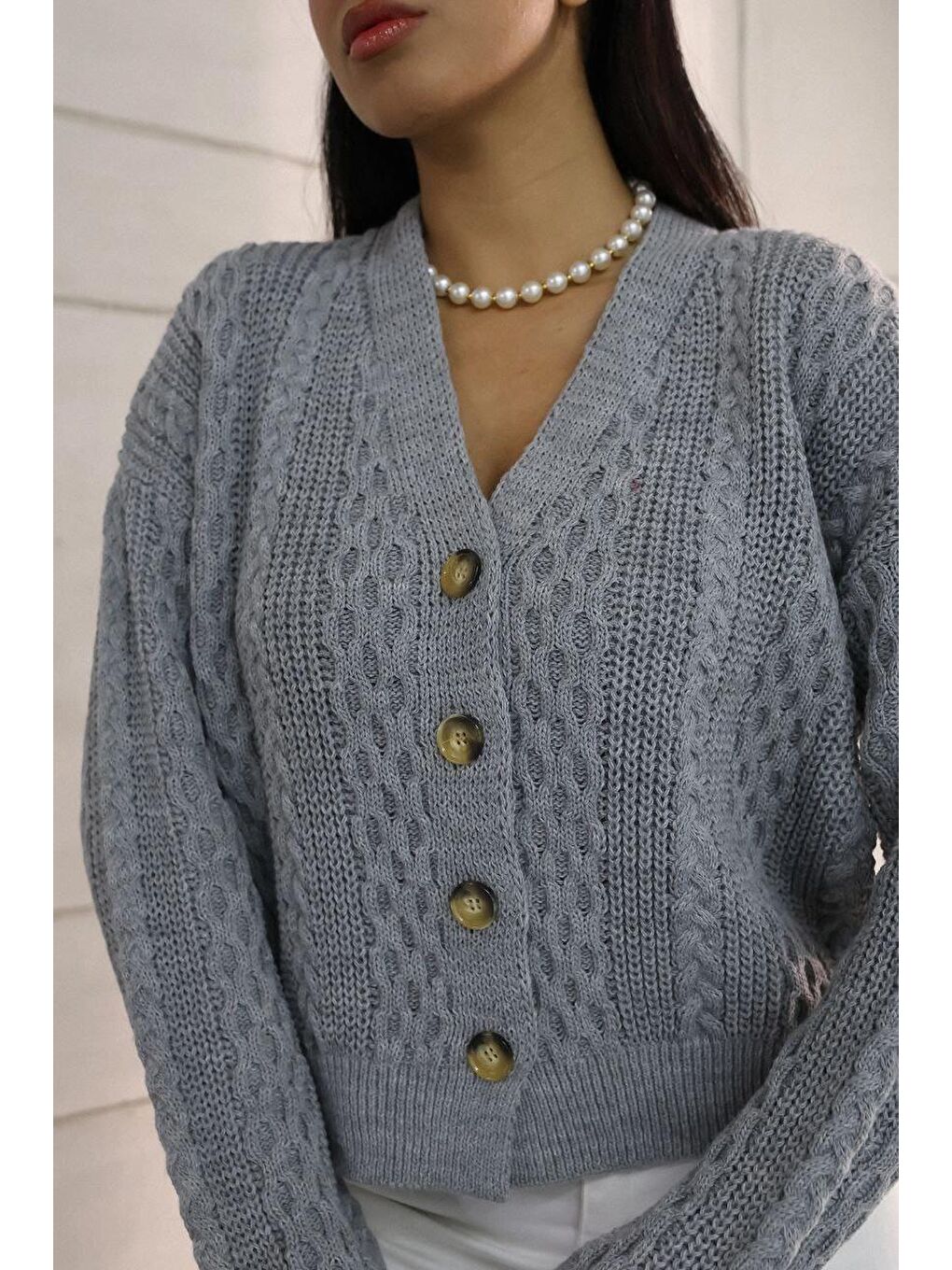 Gri Örgü Detay Triko Hırka