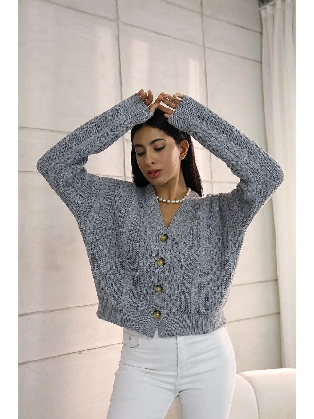 Gri Örgü Detay Triko Hırka-1