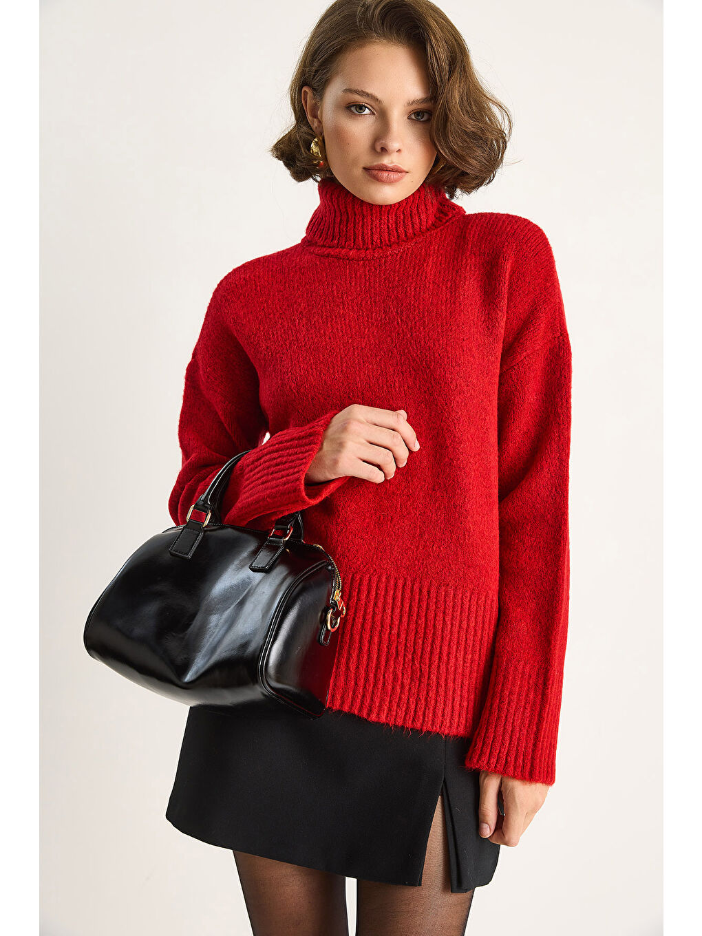 Kırmızı Kadın Balıkçı Yaka Kazak-1