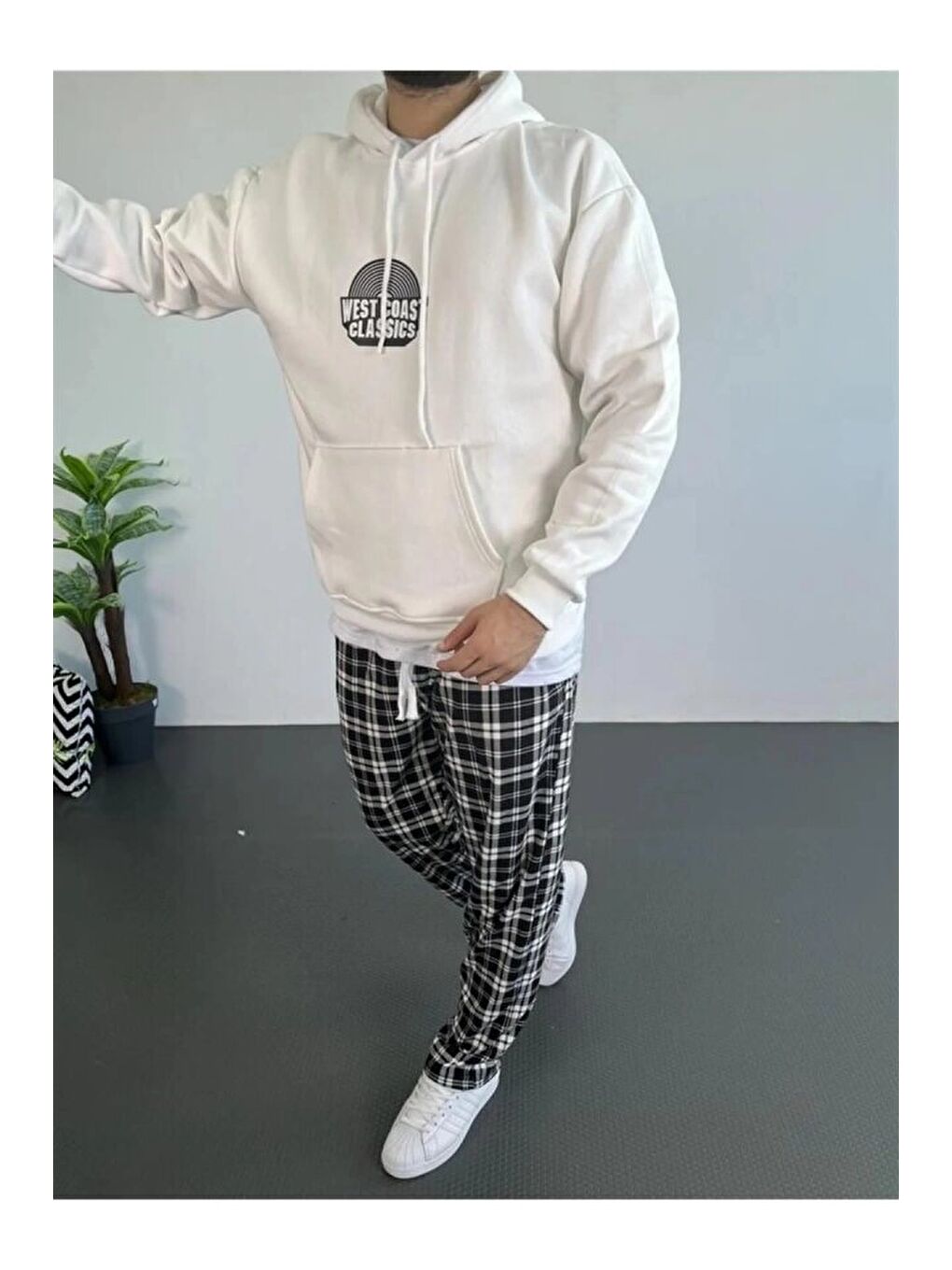 Beyaz Erkek Oversize Üç İplik Kapüşonlu Sweatshirt