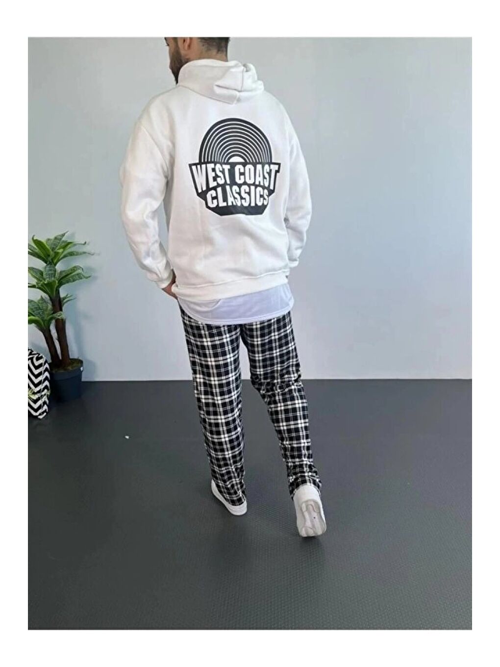 Beyaz Erkek Oversize Üç İplik Kapüşonlu Sweatshirt-1