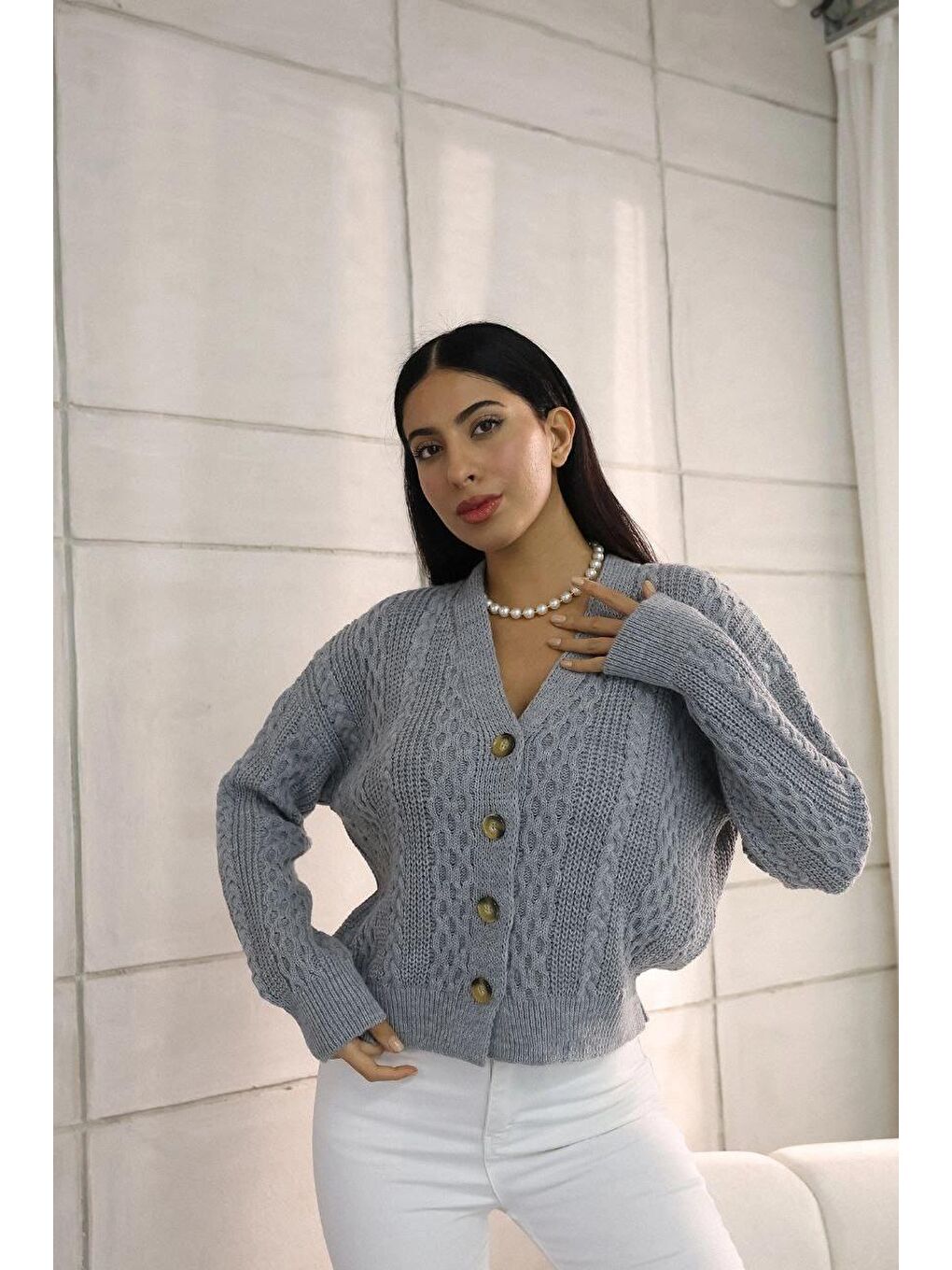 Gri Örgü Detay Triko Hırka-2