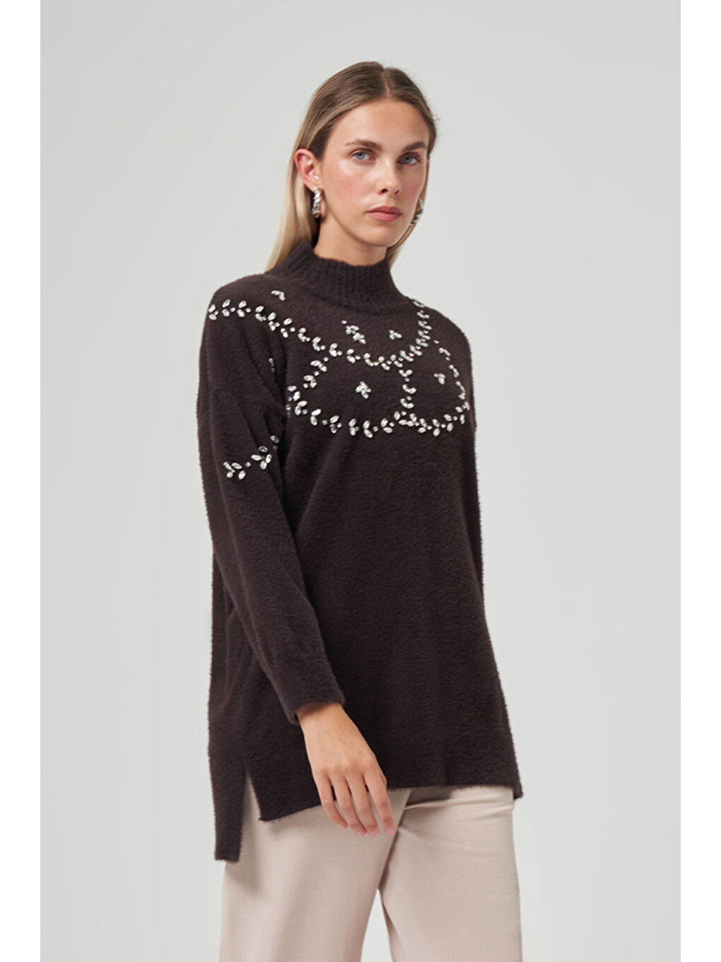 Kahverengi Taş Detay Angora Kazak Tunik 7002 Acı Kahve