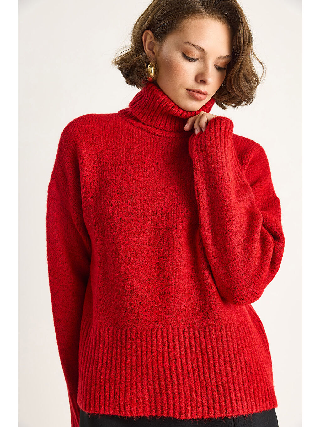 Kırmızı Kadın Balıkçı Yaka Kazak-4