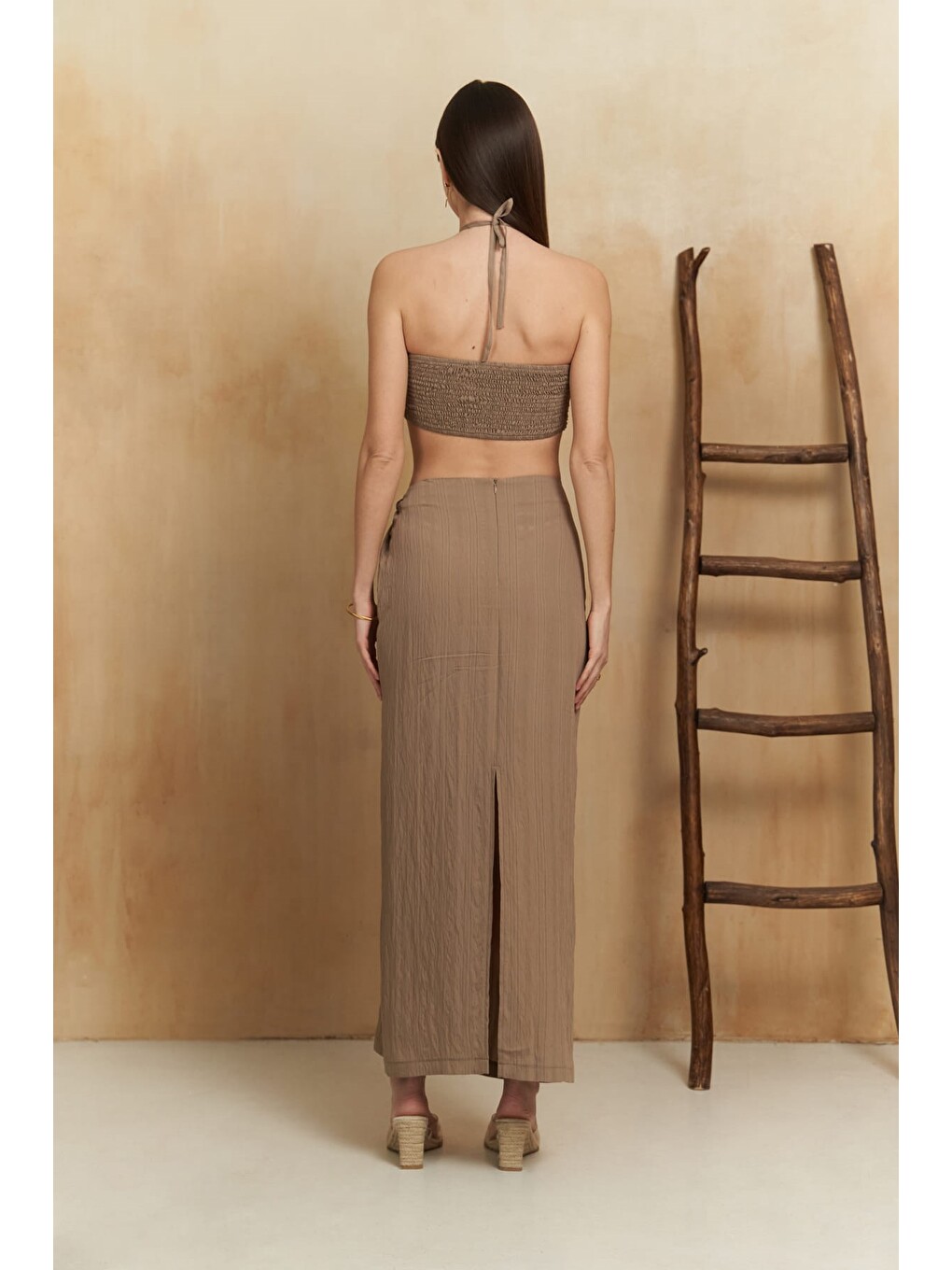 Bej Lovina Çizgili Vizon Crop Etek Takım-3