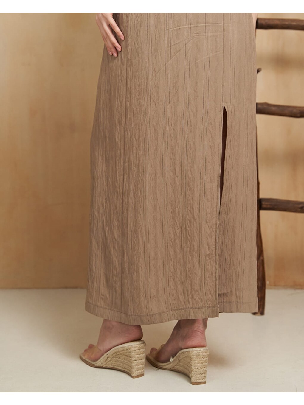 Bej Lovina Çizgili Vizon Crop Etek Takım-6