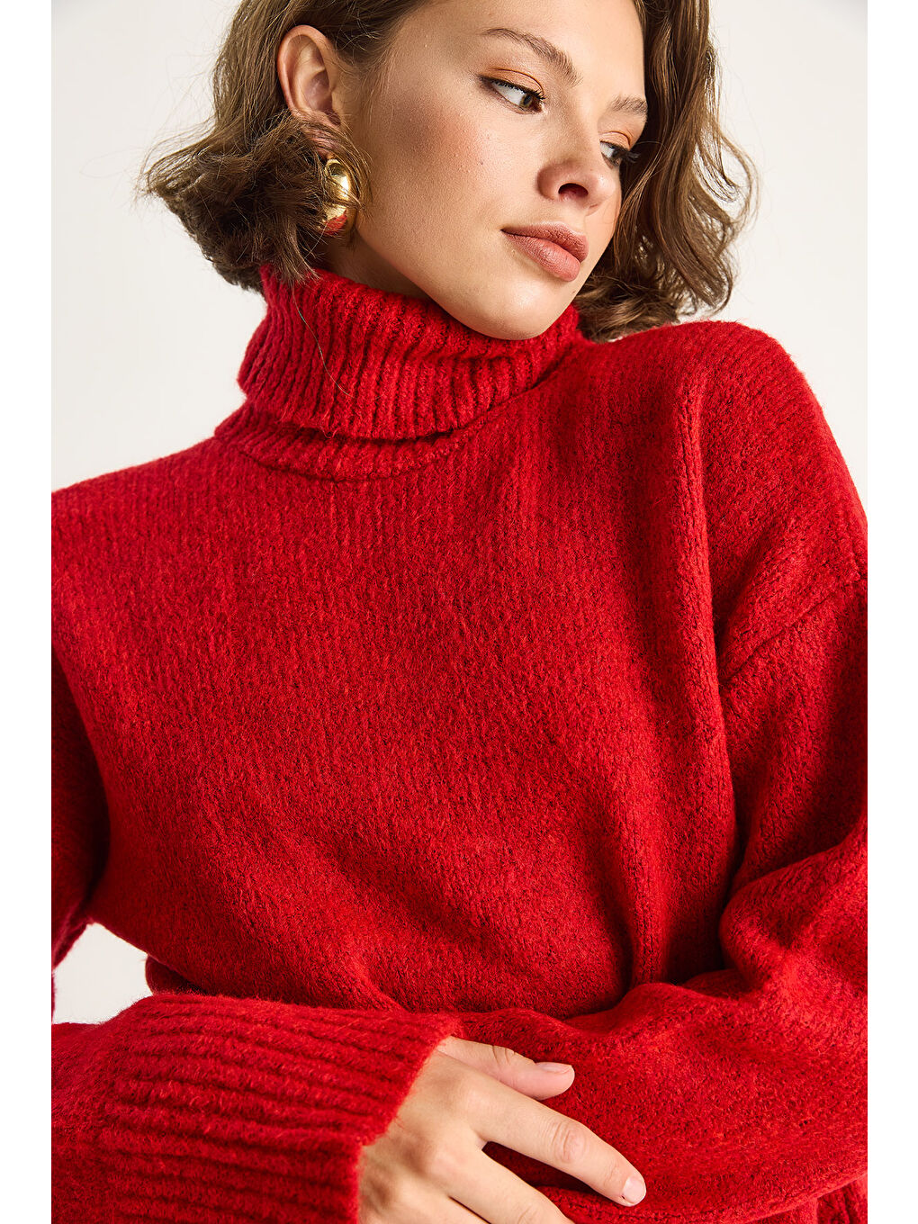 Kırmızı Kadın Balıkçı Yaka Kazak-5