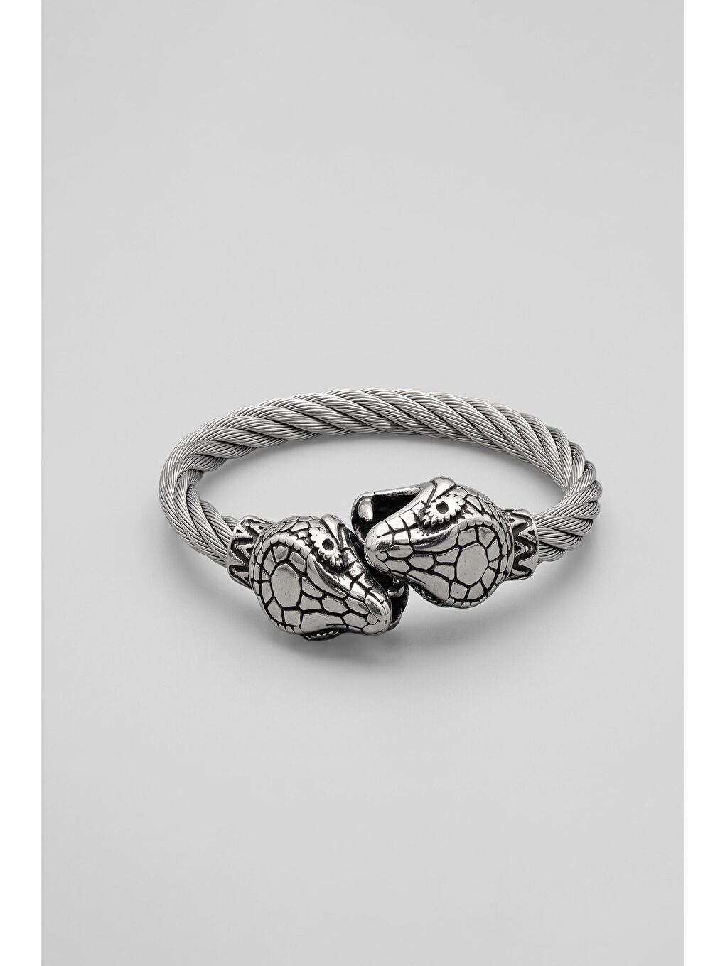 Gri Erkek Ejderha Başlı Halat Desenli Çelik Bileklik Gümüş