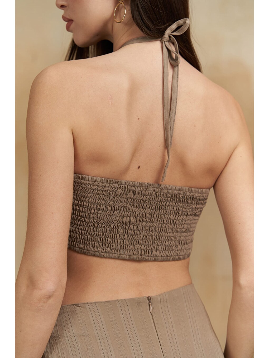 Bej Lovina Çizgili Vizon Crop Etek Takım-7