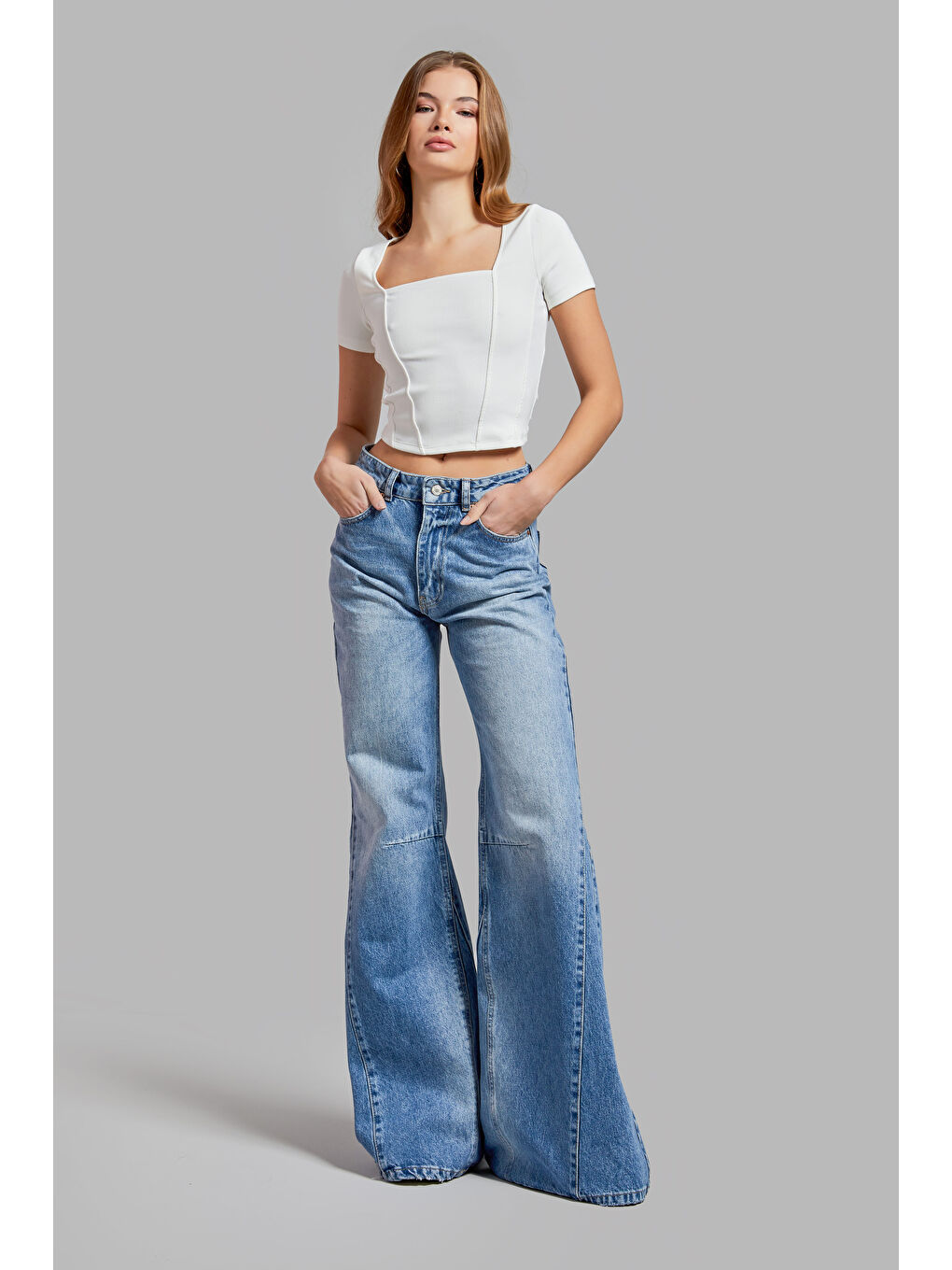 Kadın Mavi Renk 2S54 Flare Fit %100 Pamuk Süper Uzun Denim-4
