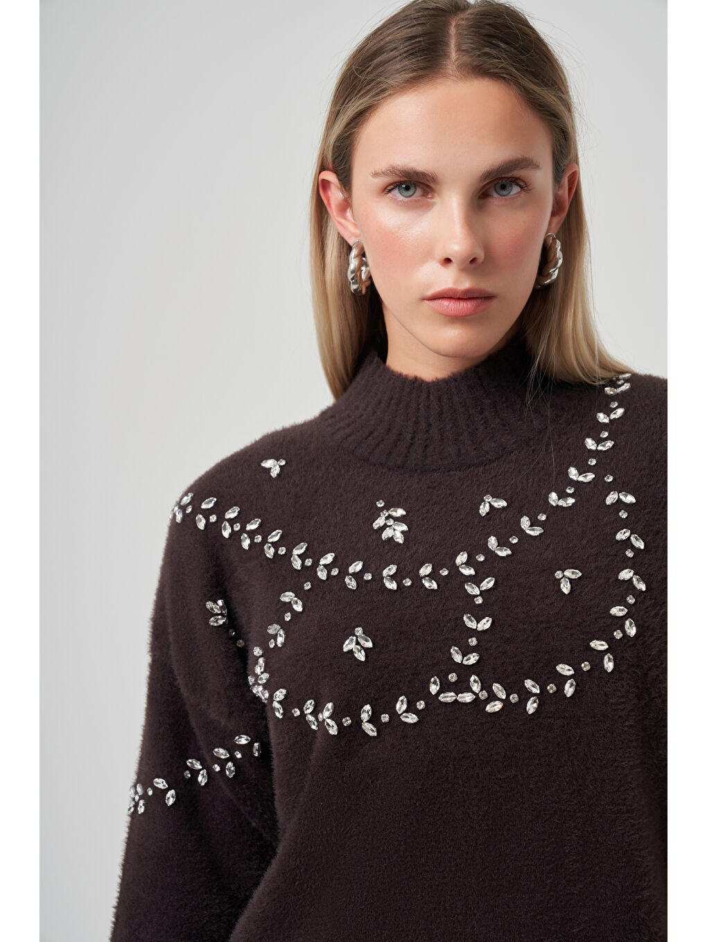 Kahverengi Taş Detay Angora Kazak Tunik 7002 Acı Kahve-1