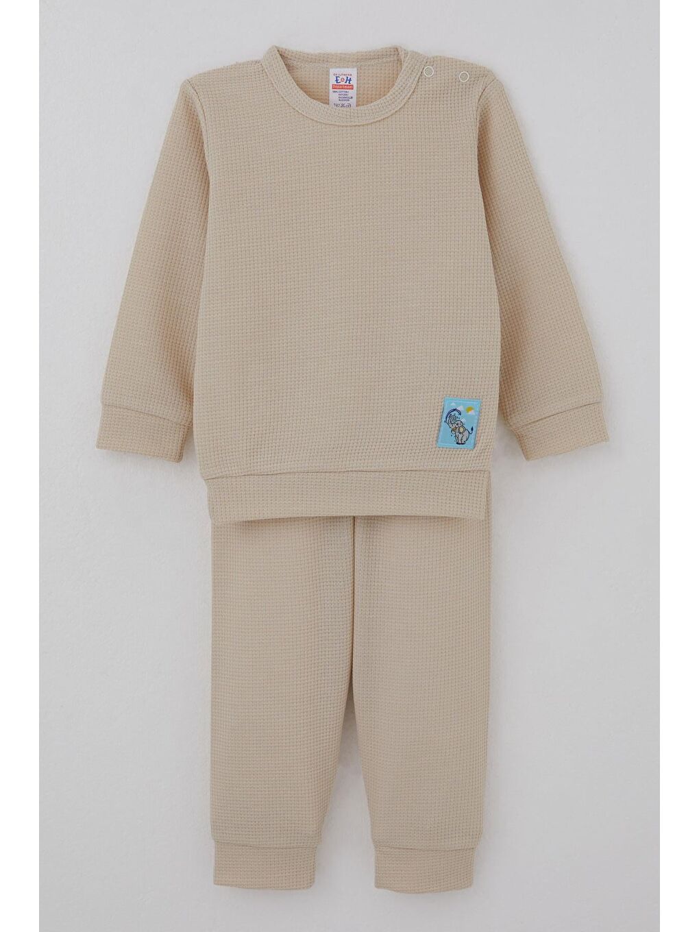 Bej Erkek Bebek Pijama Takımı Omuzdan Patlı Sevimli Fil Armalı Taş (4 Ay-1 Yaş)