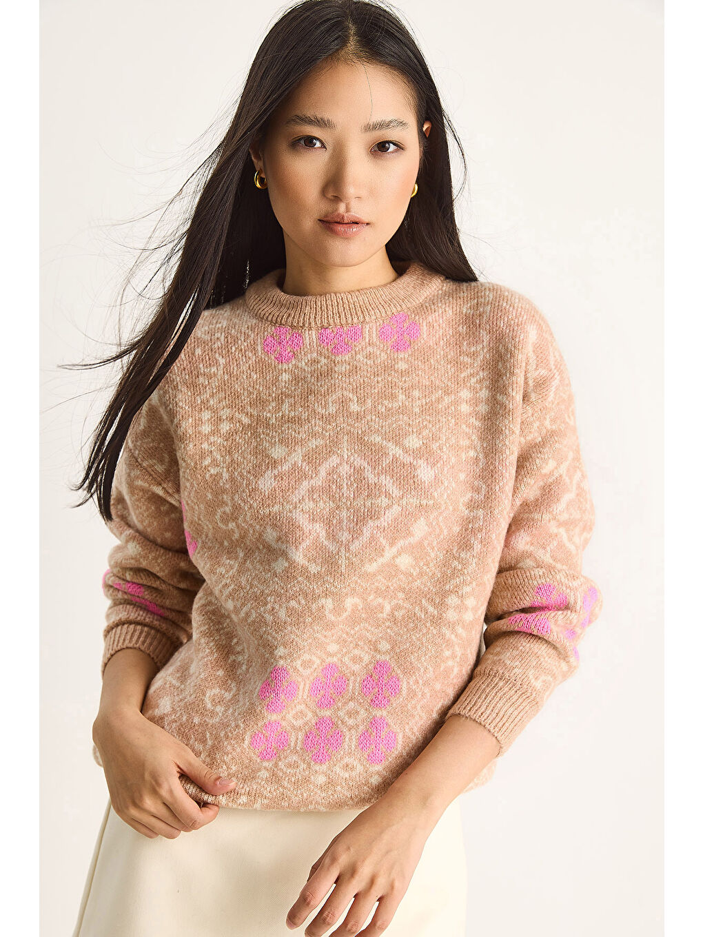 Bej Kadın Desenli Uzun Kollu Bisiklet Yaka Triko Kazak-1