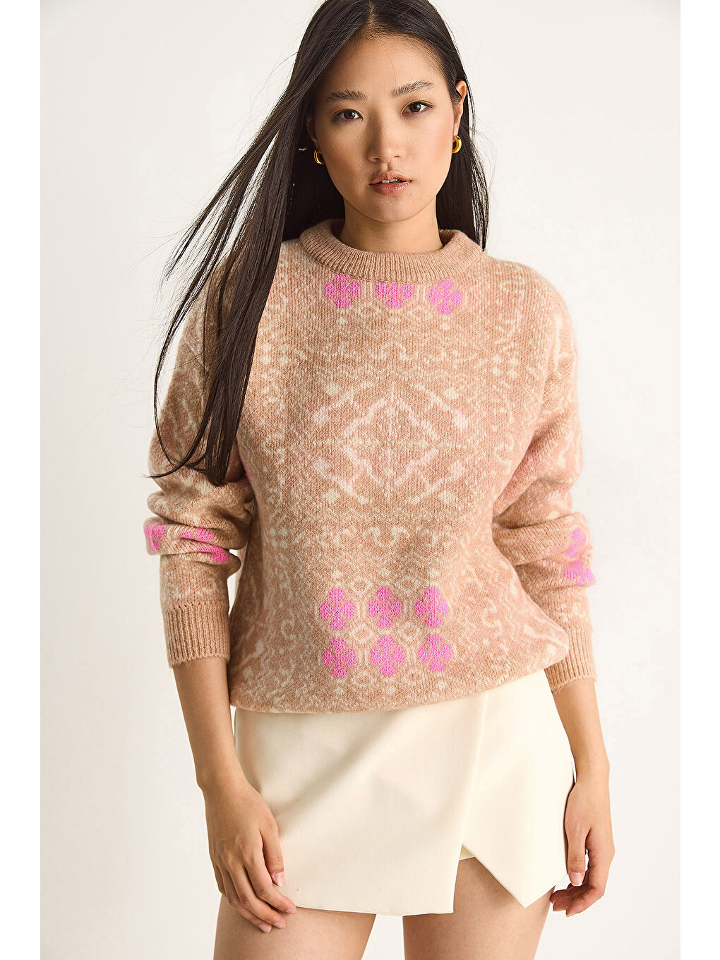 Bej Kadın Desenli Uzun Kollu Bisiklet Yaka Triko Kazak-3