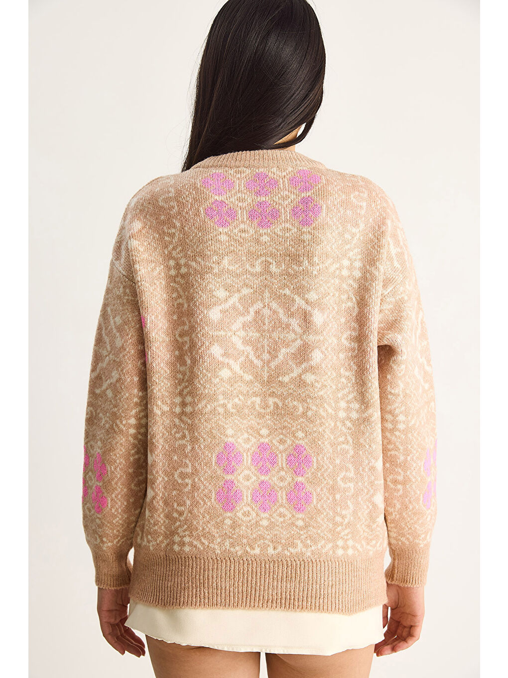 Bej Kadın Desenli Uzun Kollu Bisiklet Yaka Triko Kazak-6