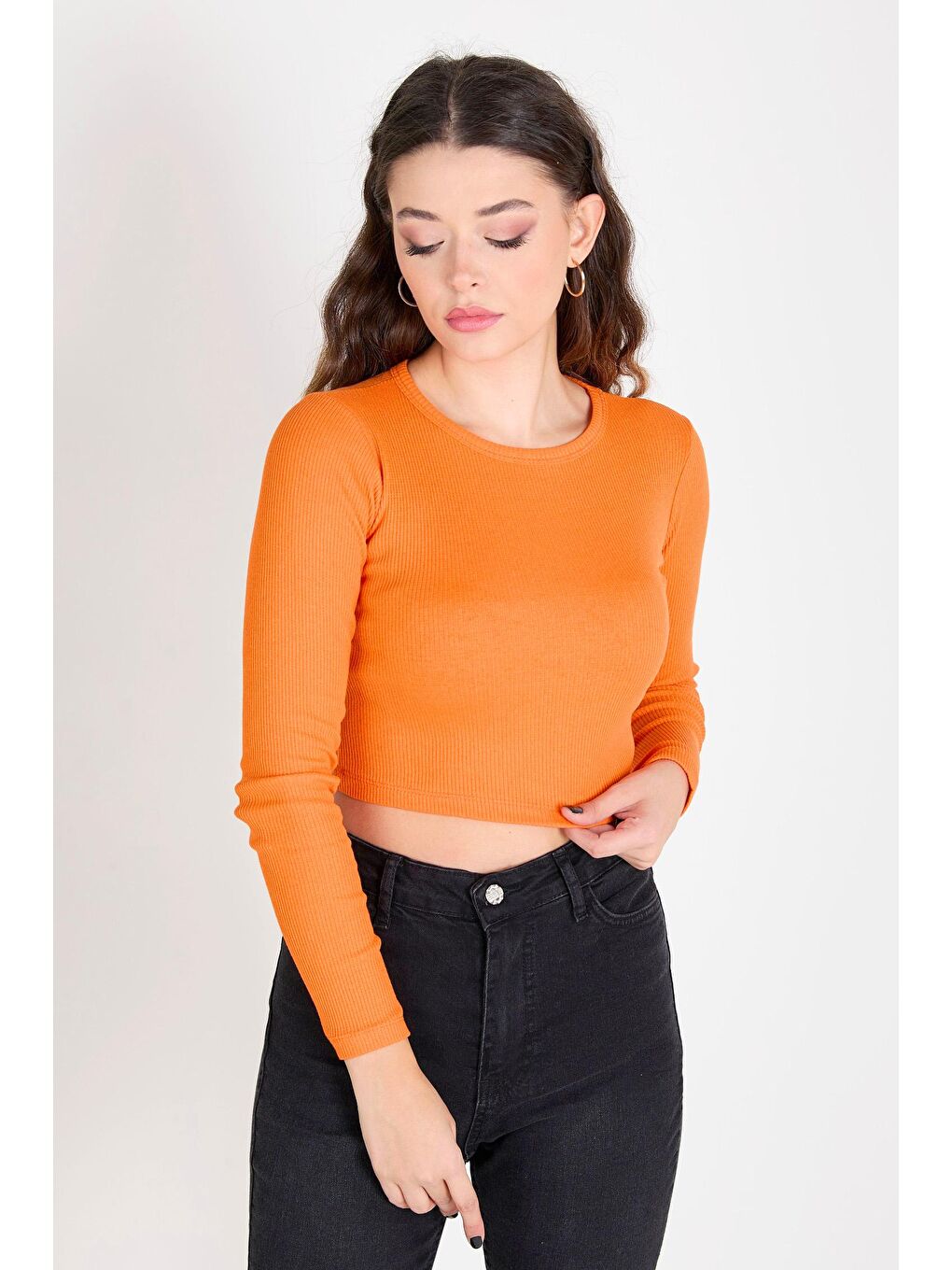 Bisiklet Yaka Kadın Turuncu Crop - 23391