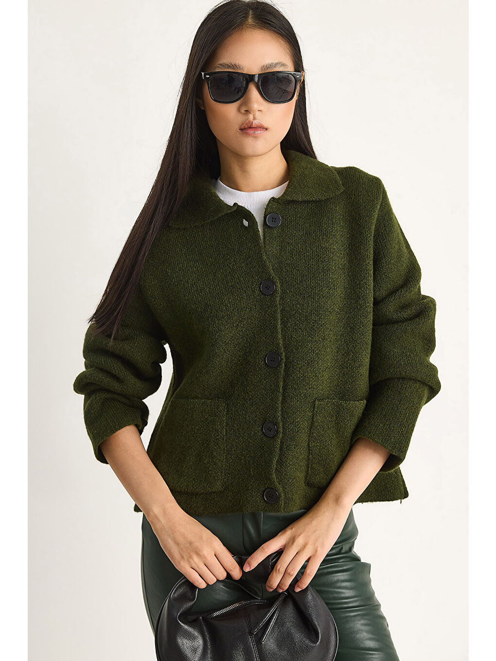 Yeşil Kadın Cepli Hırka