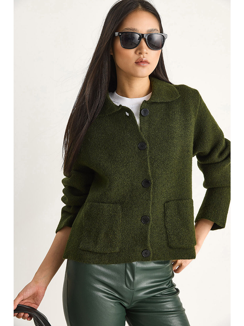 Yeşil Kadın Cepli Hırka-1