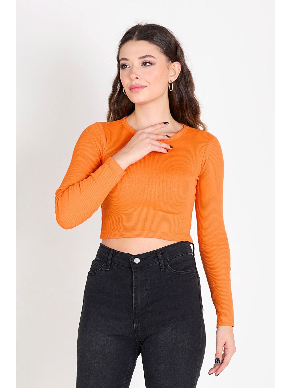 Bisiklet Yaka Kadın Turuncu Crop - 23391-1