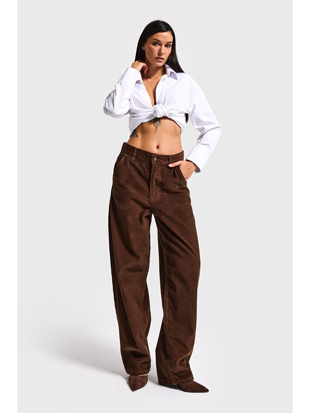 Kadın Kahverengi 8-26w5-42 Skater Fit Fitilli Velvet Kadife Kumaş Pantolon-1