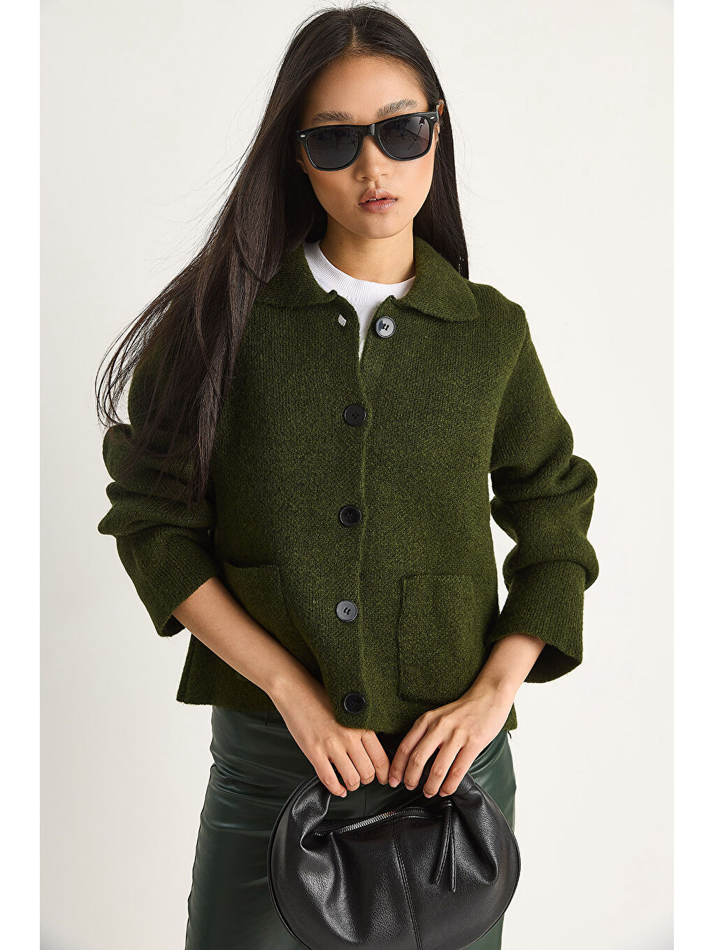 Yeşil Kadın Cepli Hırka-2