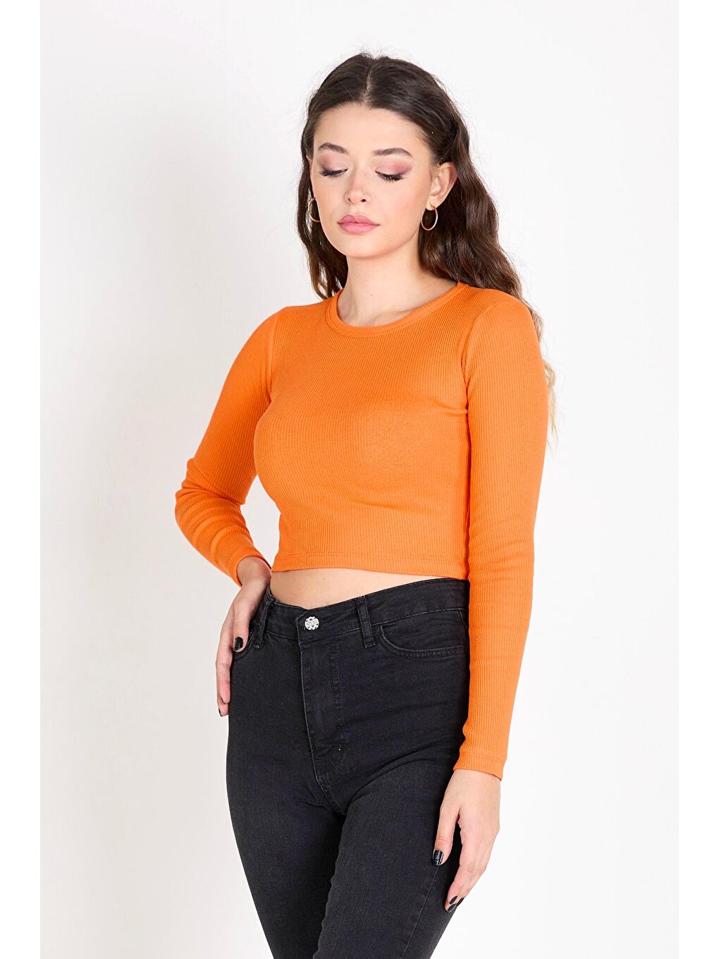 Bisiklet Yaka Kadın Turuncu Crop - 23391-2