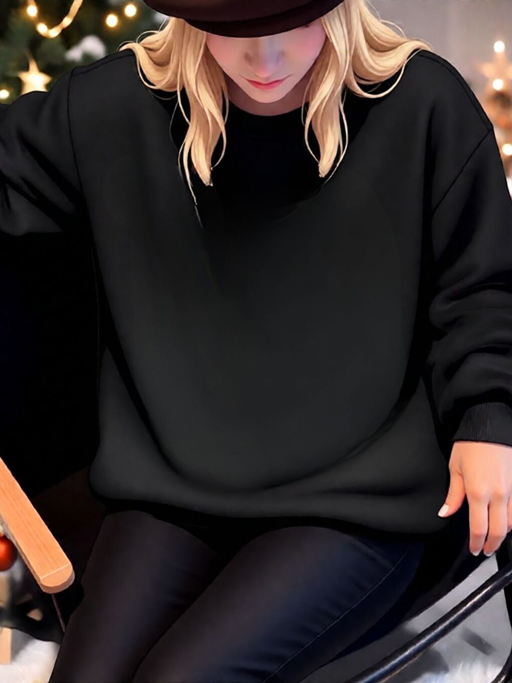 Kadın Siyah Oversize Düz Yumuşak Sweatshirt