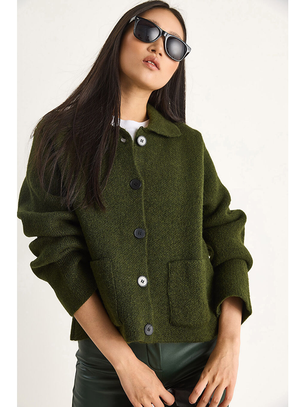 Yeşil Kadın Cepli Hırka-4