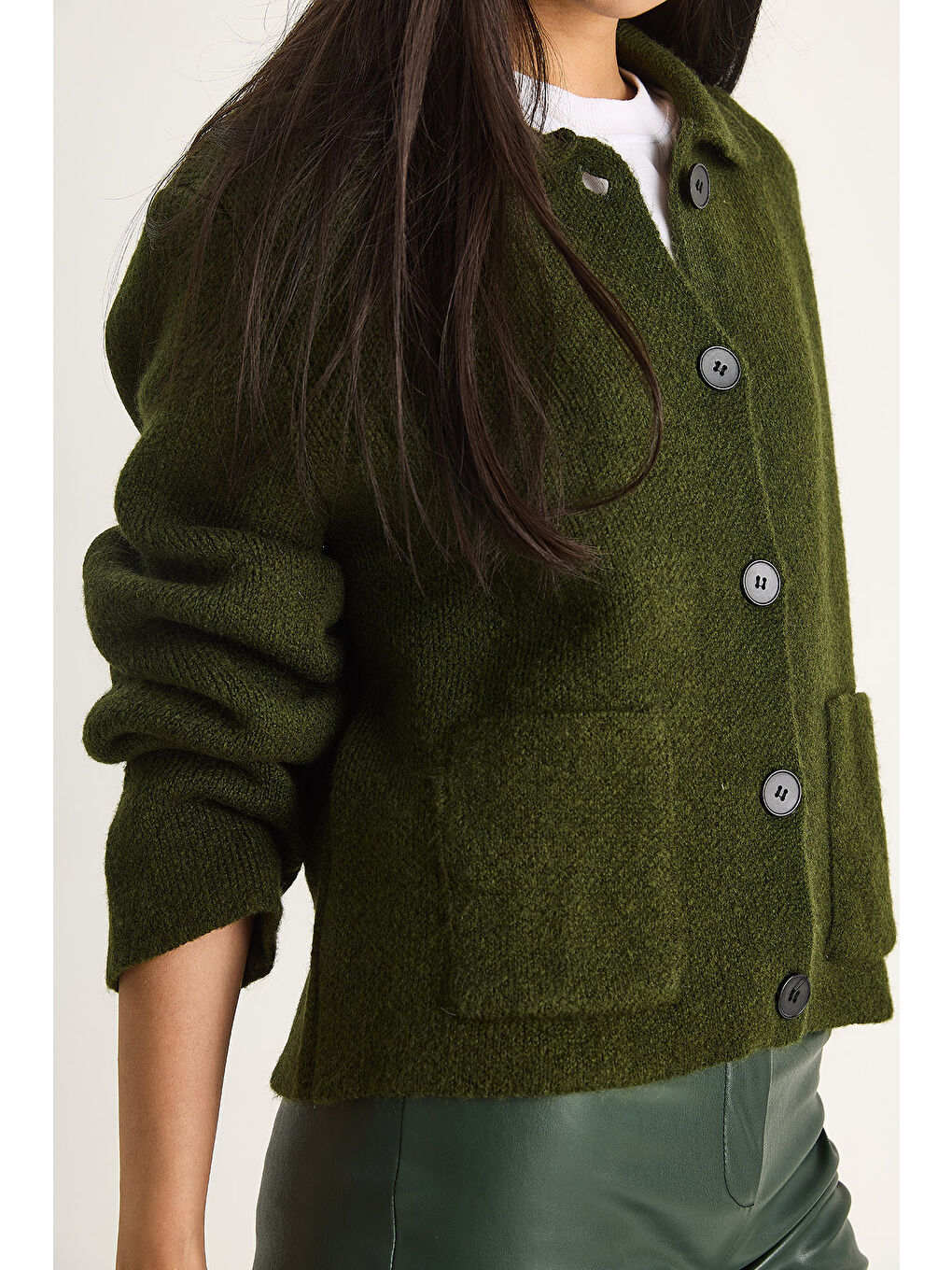 Yeşil Kadın Cepli Hırka-5