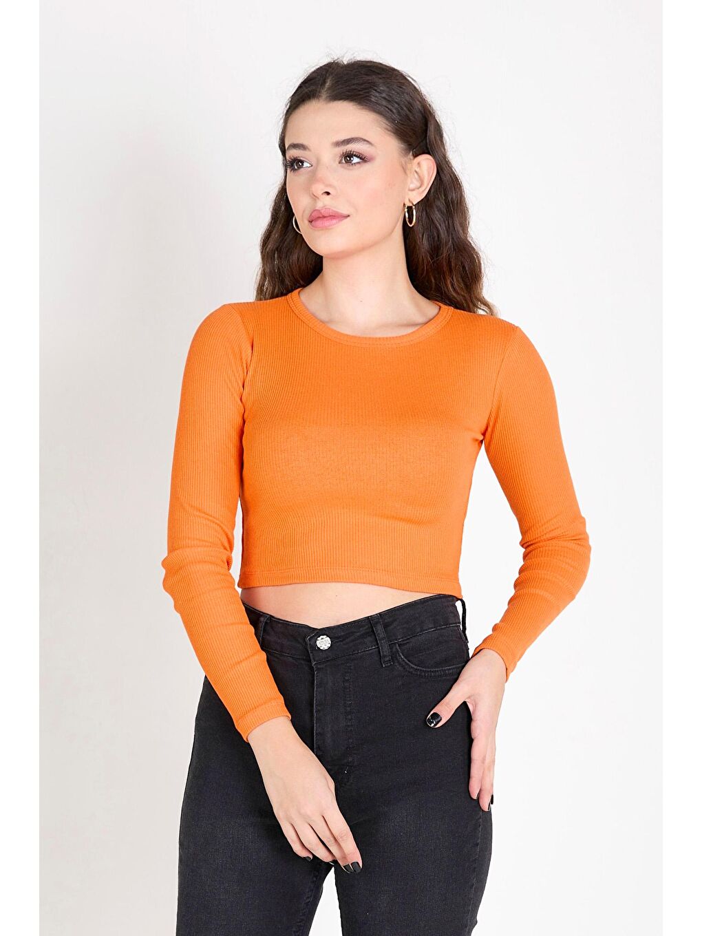 Bisiklet Yaka Kadın Turuncu Crop - 23391-3