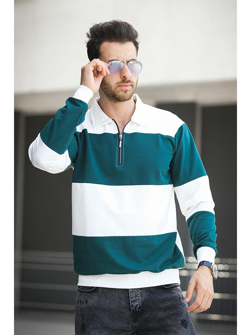 Yeşil Yaounde Çift Renkli Yarım Fermuarlı Yakalı Erkek Sweatshirt