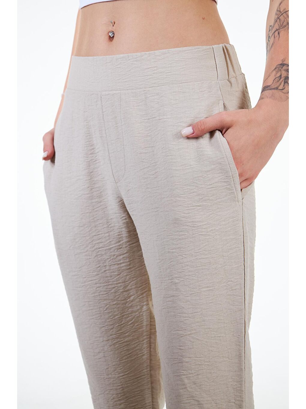 Bej Kadın Keten Görünümlü Carrot Fit Havuç Pantolon - Perla-1