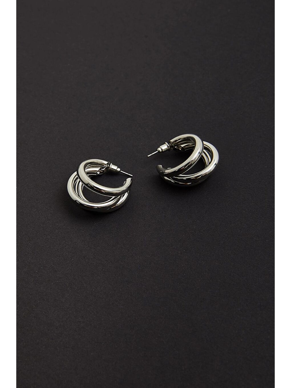 Gri Kadın Aksesuar Üçlü Görünümlü Halka Küpe-4