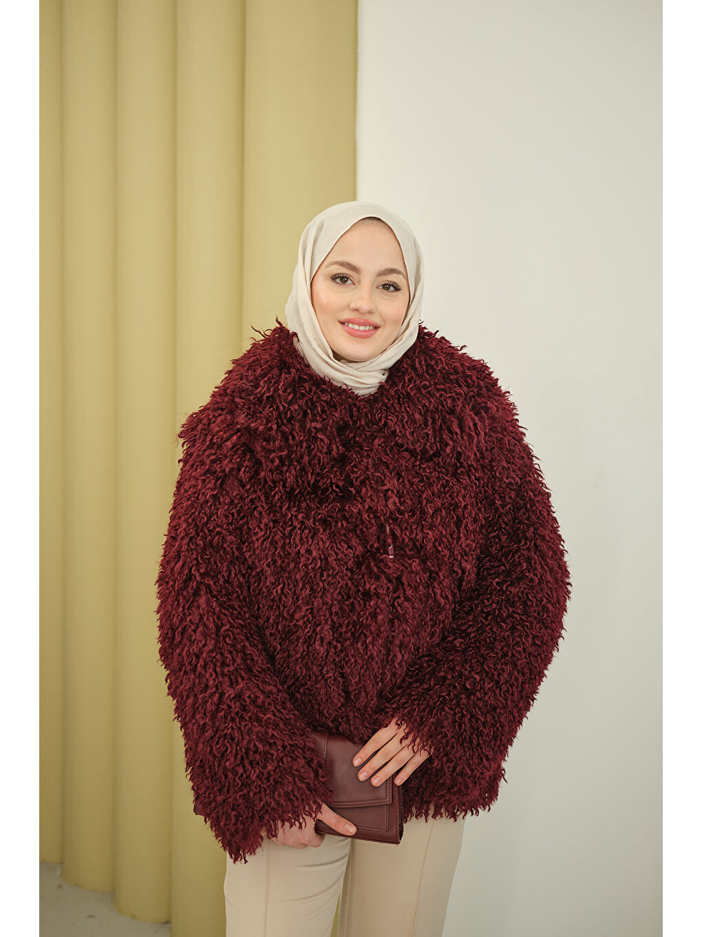 Kadın Kıvırcık Astarlı Kürk Bordo-3