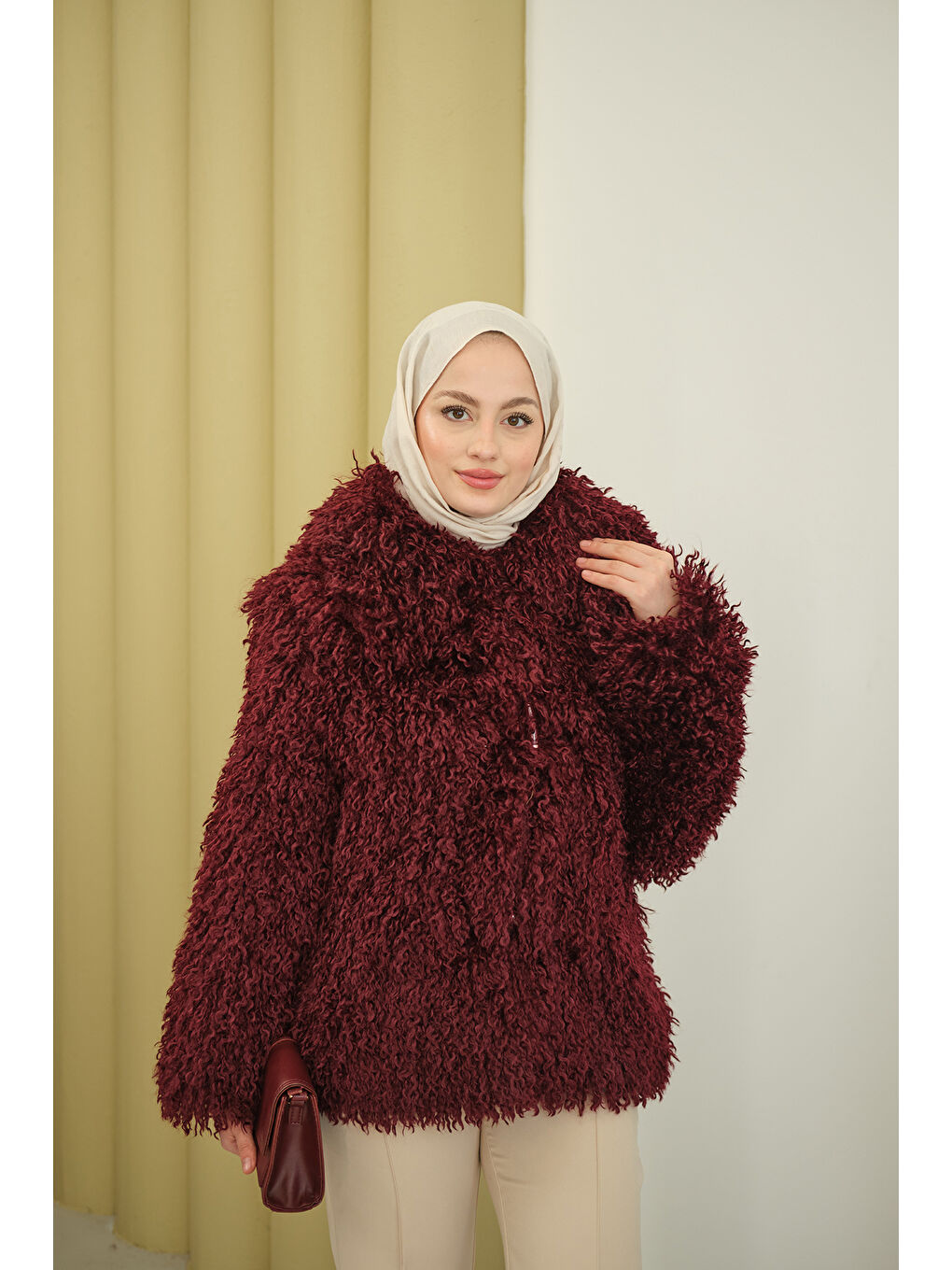 Kadın Kıvırcık Astarlı Kürk Bordo-4