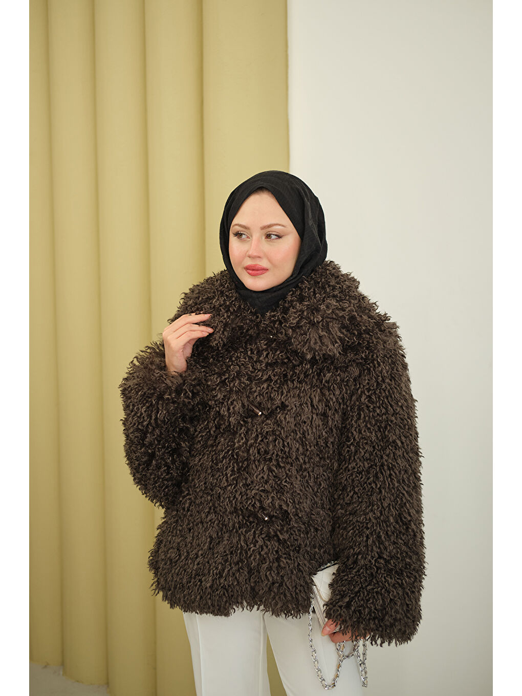 Kadın Kıvırcık Astarlı Kürk Kahverengi-3